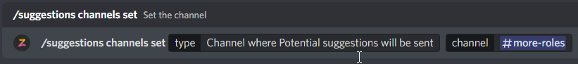 /suggestions channels set (Channel where Potential suggestions will be sent)