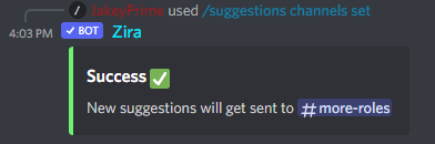 /suggestions channels set (Channel where new suggestions will be sent) output