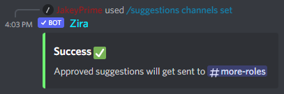 /suggestions channels set (Channel where approved suggestions will be sent) output