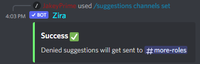 /suggestions channels set (Channel where Denied suggestions will be sent) output