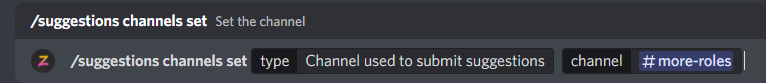 /suggestions channels set (Channel used to submit suggestions)